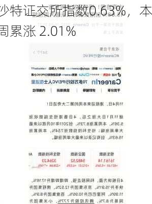 沙特证交所指数0.63%，本周累涨 2.01%