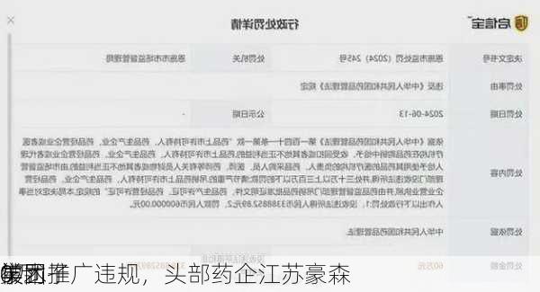 学术推广违规，头部药企江苏豪森
集团子
被罚
0万