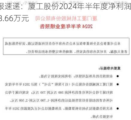 财报速递：厦工股份2024年半年度净利润598.66万元