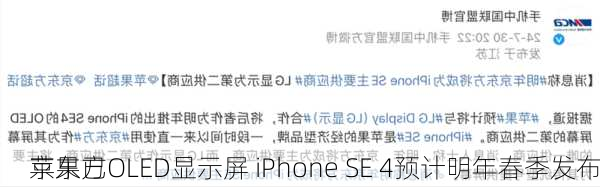 苹果已
京东方OLED显示屏 iPhone SE 4预计明年春季发布